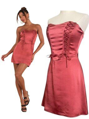 Lulu’s Strapless Satin Lace-Up Mini Dress Rusty Rose Size S